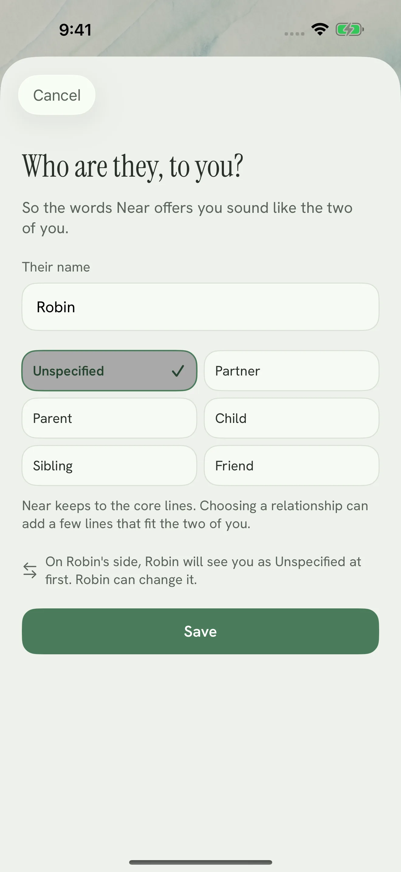 The naming dialog in Near, showing the name field, relationship choices, and suggestion handoff preview.