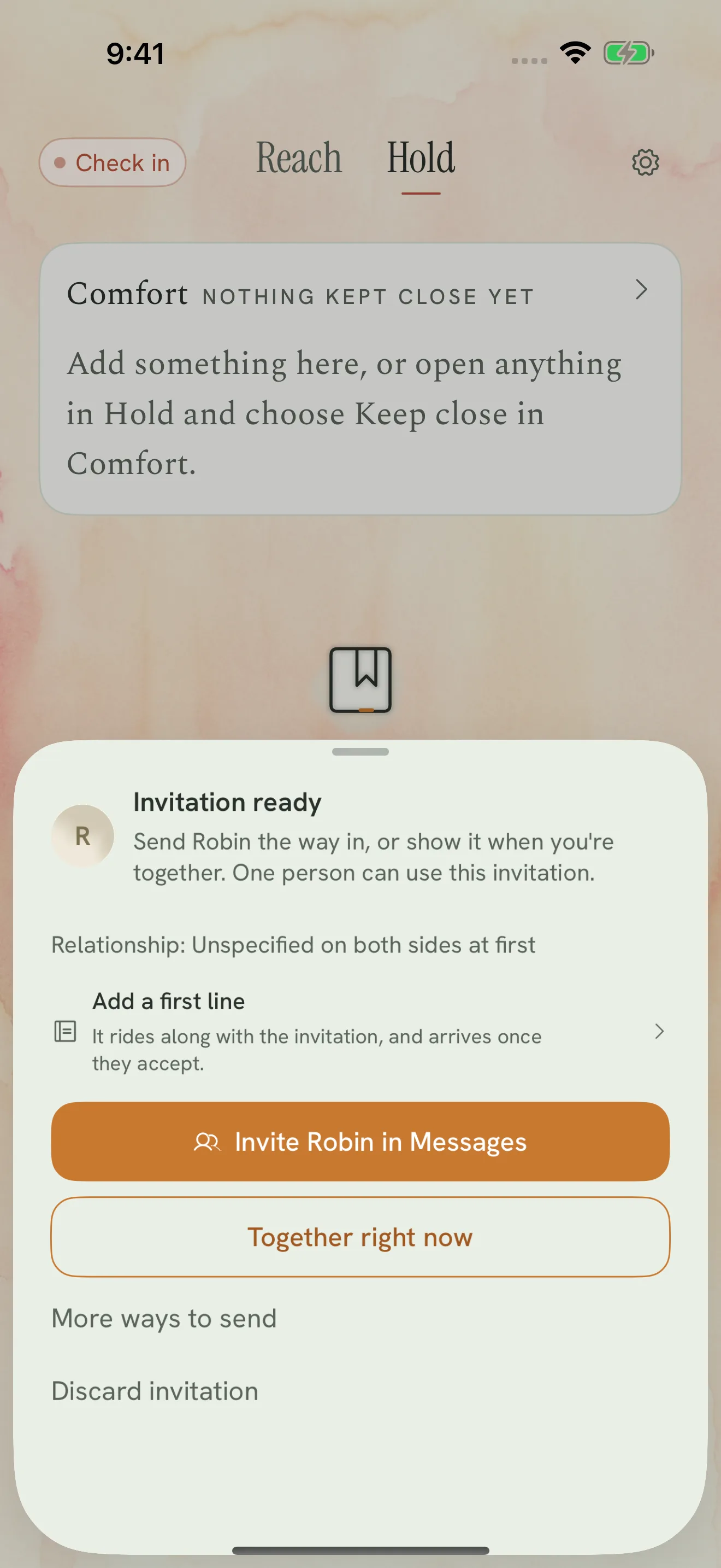 The Invitation Ready sheet offering Messages, Together right now, and More ways to send.