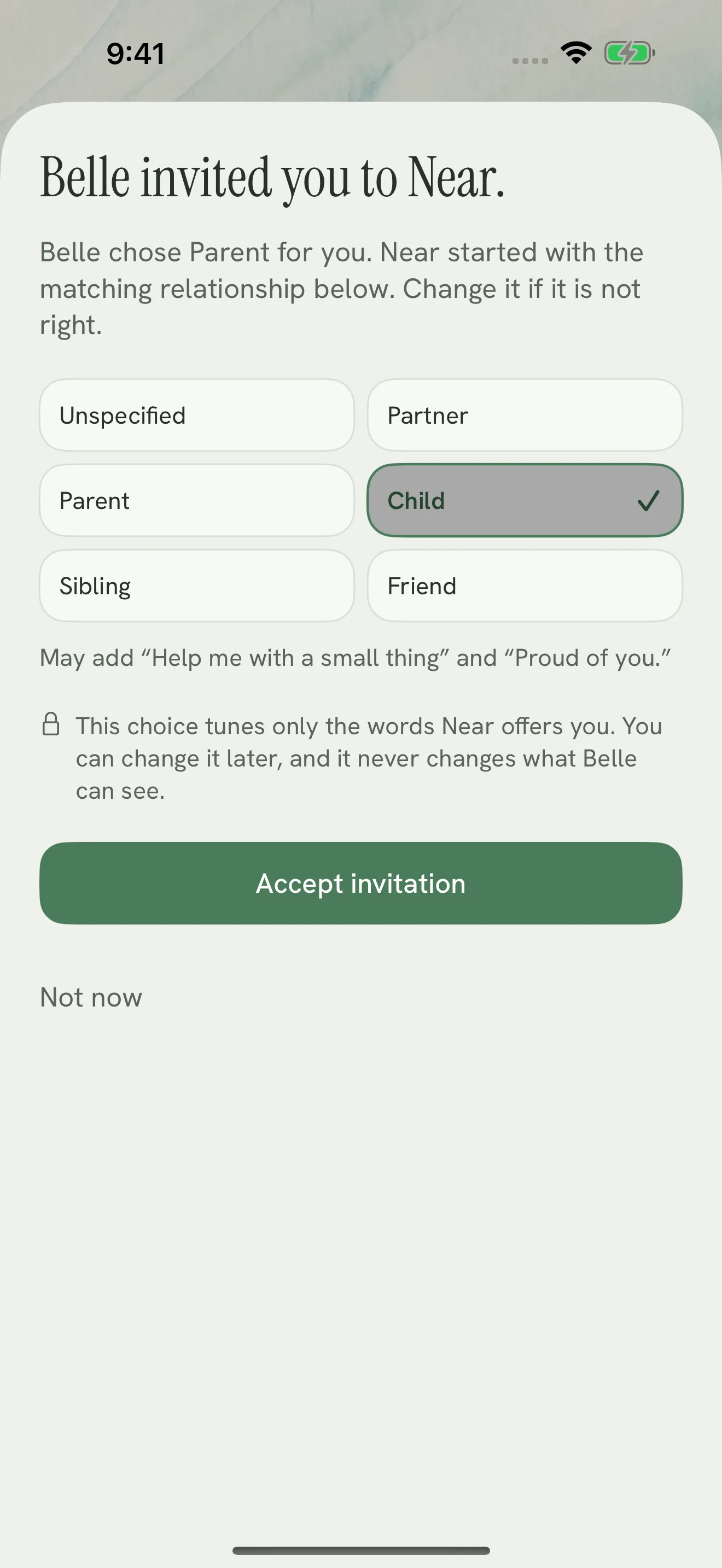 The Invitation Review pre-accept sheet showing who invited you, relationship choices, and Accept invitation button.