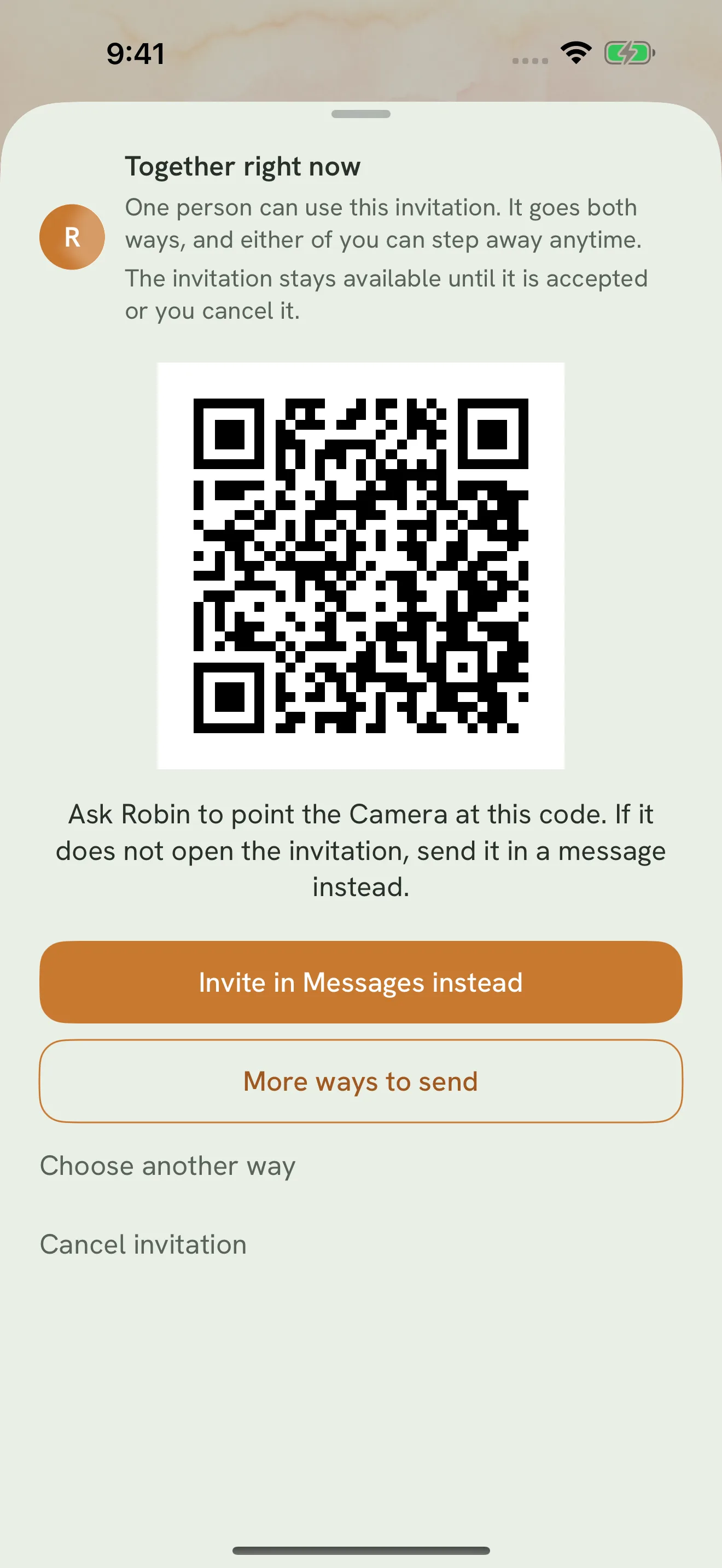 The Together right now sheet displaying a QR code for same-room camera scanning.