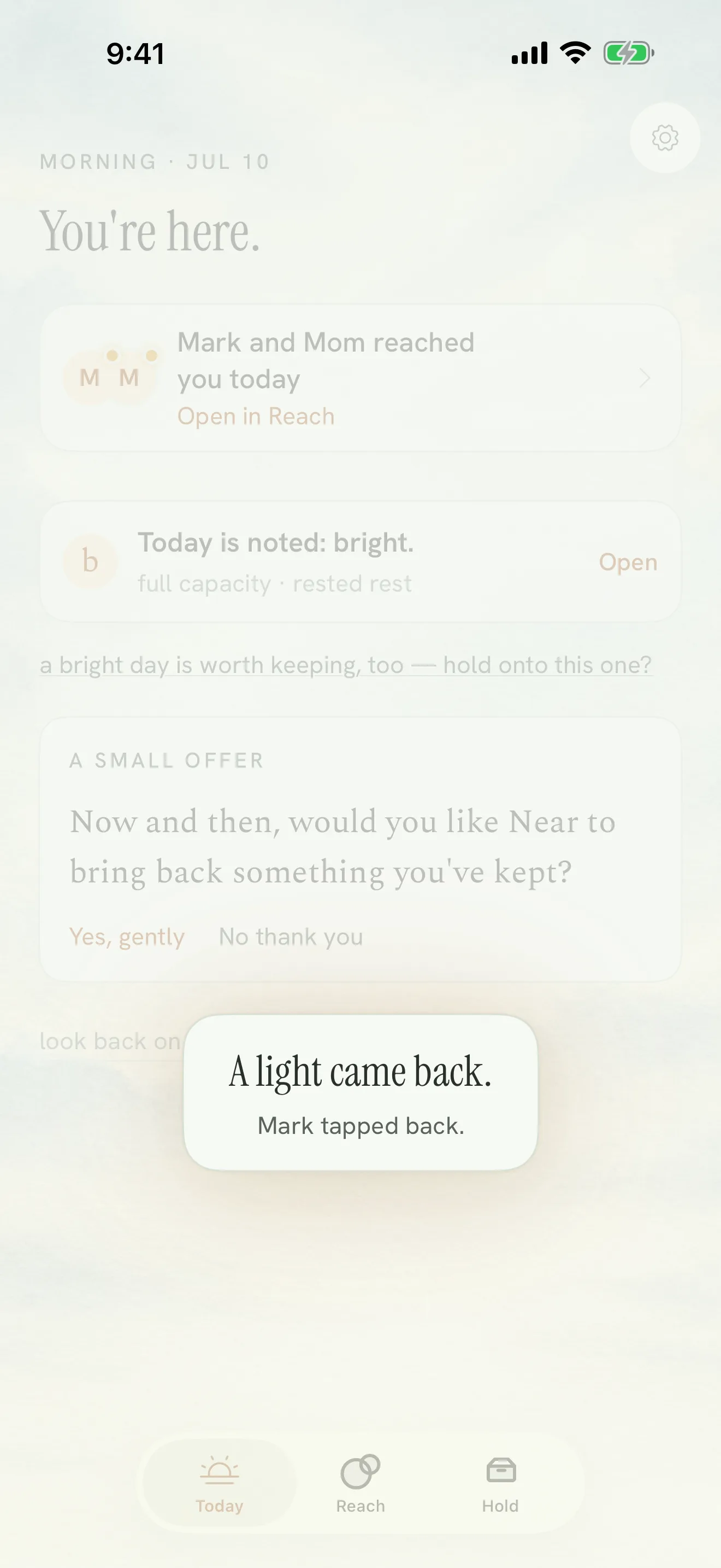 Back among your people, a warm dot rests beside Mark's name — something new from him is waiting.