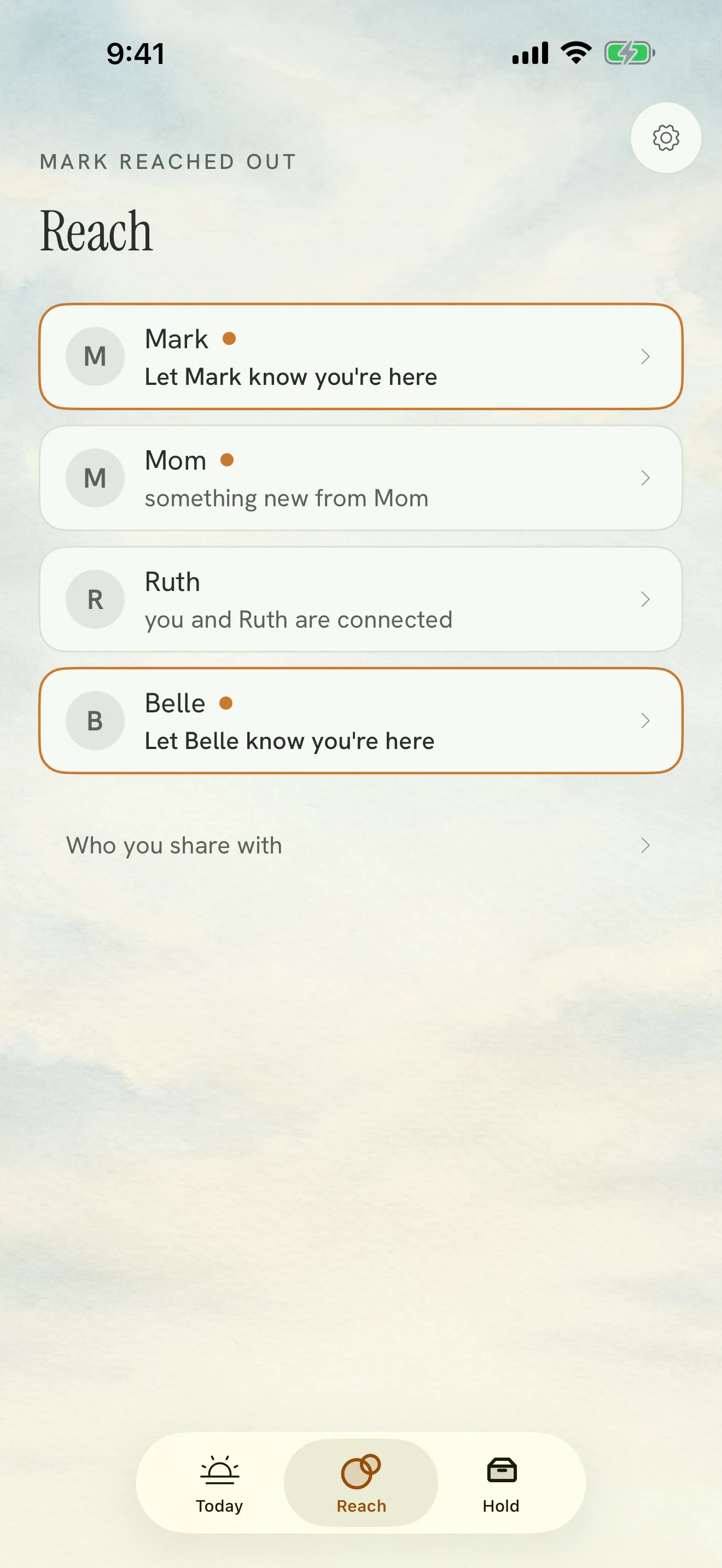A line has arrived from Belle; a gentle card at the top of your people invites you to let them know you're here.