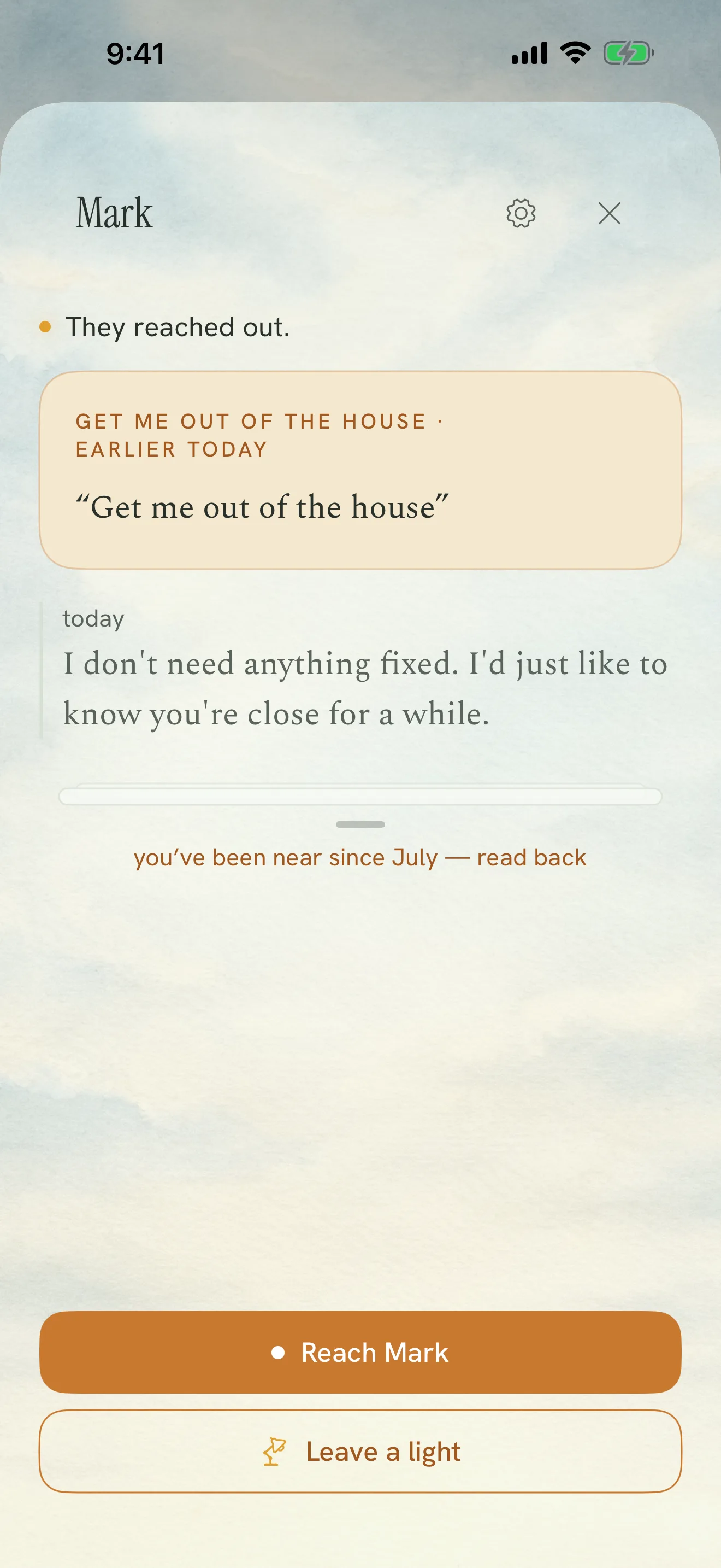 Mark's room in Near — an open watercolor sky, a small note that the room is quiet, and one button to reach him.